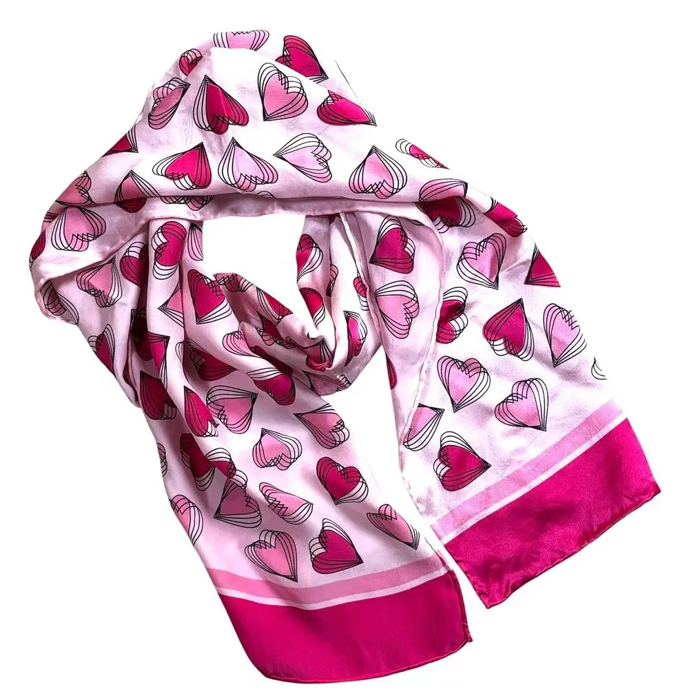 Vintage Liz Claiborne logo silk scarf shades of pink mod hearts long rectangle